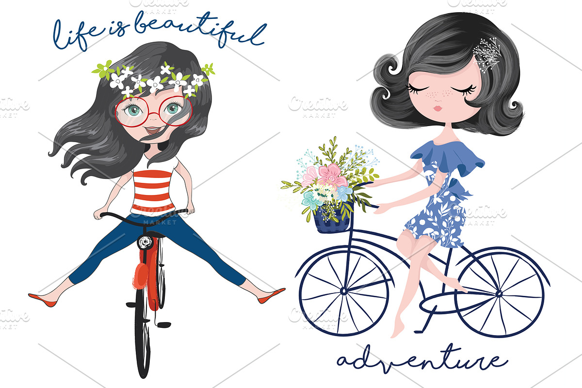 Girl with bike.Cartoon characters. in Illustrations - product preview 8