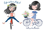 Girl with bike.Cartoon characters.