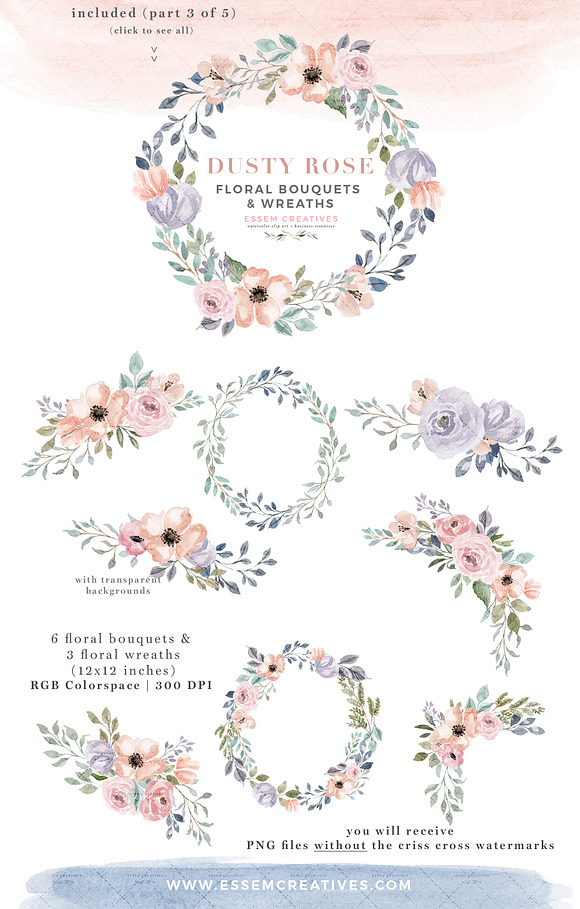 Dusty Rose Watercolor Flower Clipart in Illustrations - product preview 4