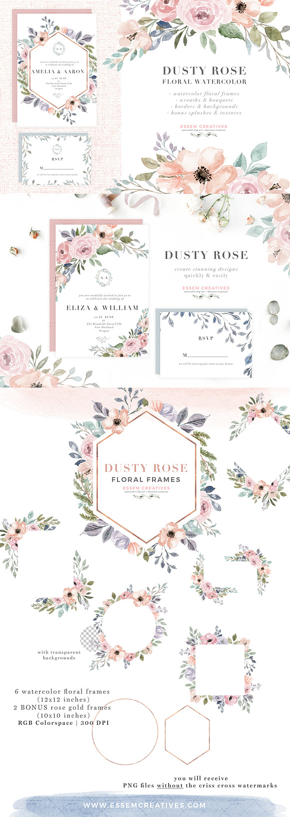 Dusty Rose Watercolor Flower Clipart in Illustrations - product preview 10