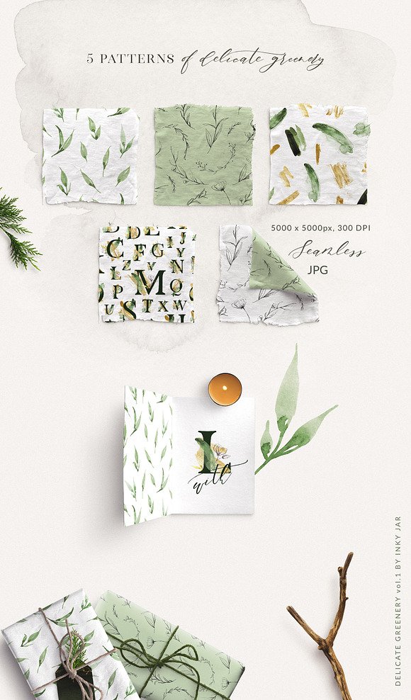 Delicate Greenery Watercolor+Pencil in Illustrations - product preview 11