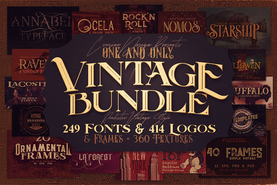 Vintage Bundle 249 Fonts & 414 Logos