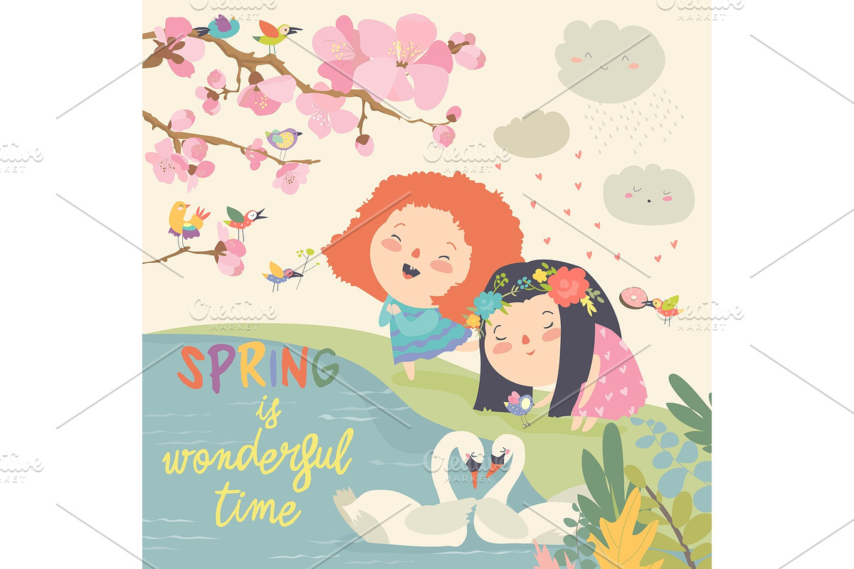 Cute little girls and birds playing in Illustrations - product preview 8