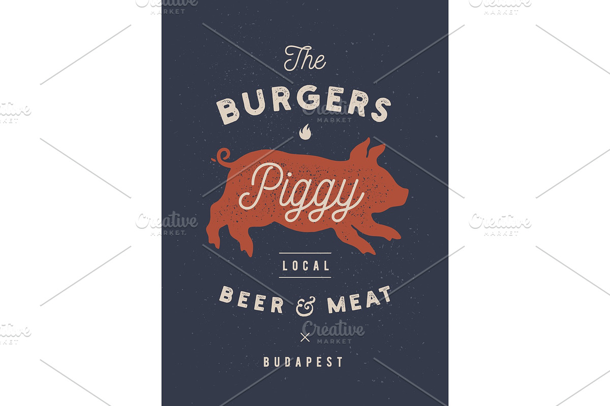 Piggy, pig, pork. Vintage label in Illustrations - product preview 8
