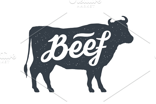 Cow, bull, beef. Vintage lettering