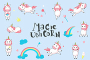 Unicorn cartoon set and patterns