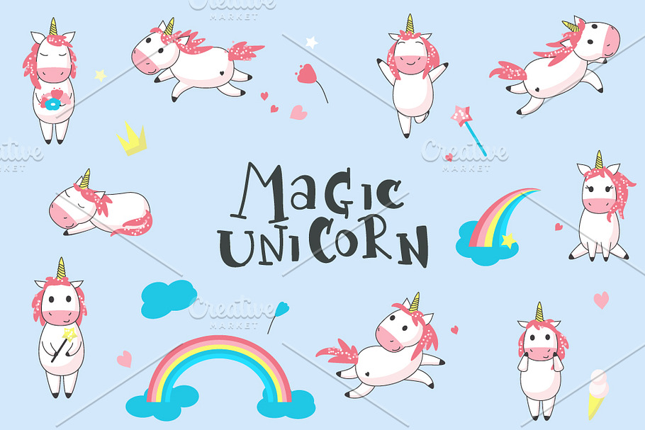 Unicorn cartoon set and patterns in Illustrations - product preview 8