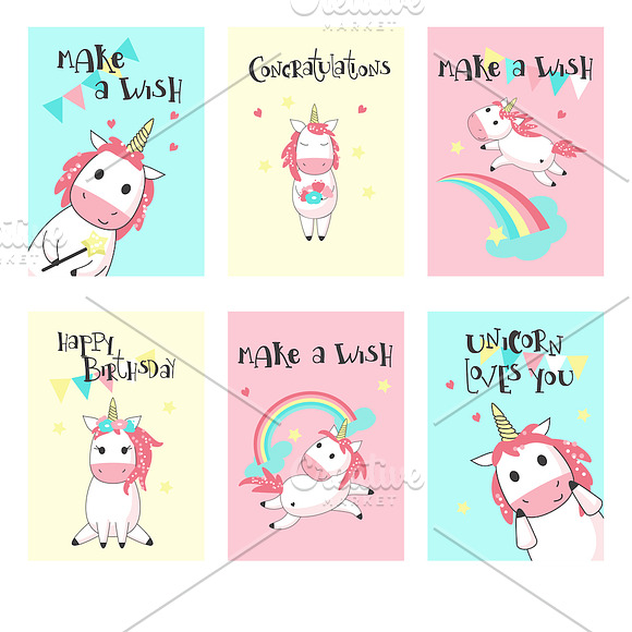 Unicorn cartoon set and patterns in Illustrations - product preview 1