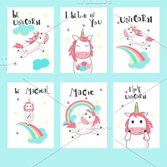 Unicorn cartoon set and patterns in Illustrations - product preview 2