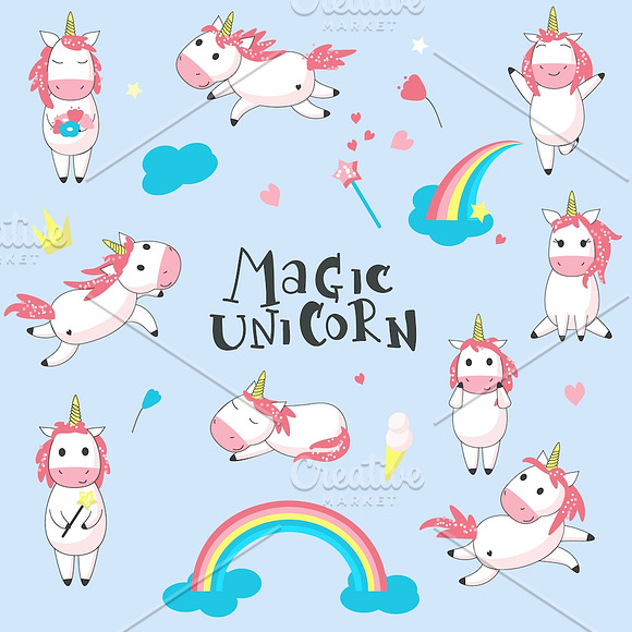 Unicorn cartoon set and patterns in Illustrations - product preview 3