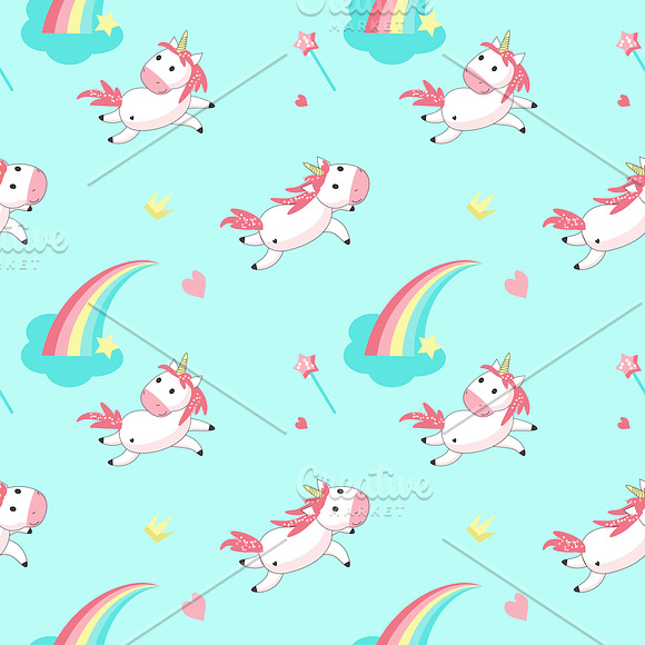 Unicorn cartoon set and patterns in Illustrations - product preview 9