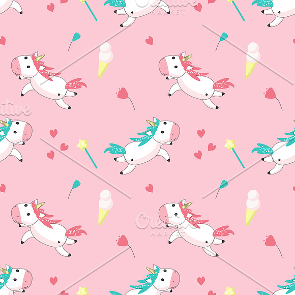 Unicorn cartoon set and patterns in Illustrations - product preview 10