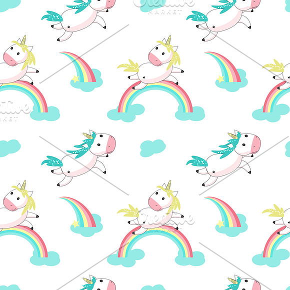 Unicorn cartoon set and patterns in Illustrations - product preview 13