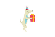 Cute dog in party hat holding gift