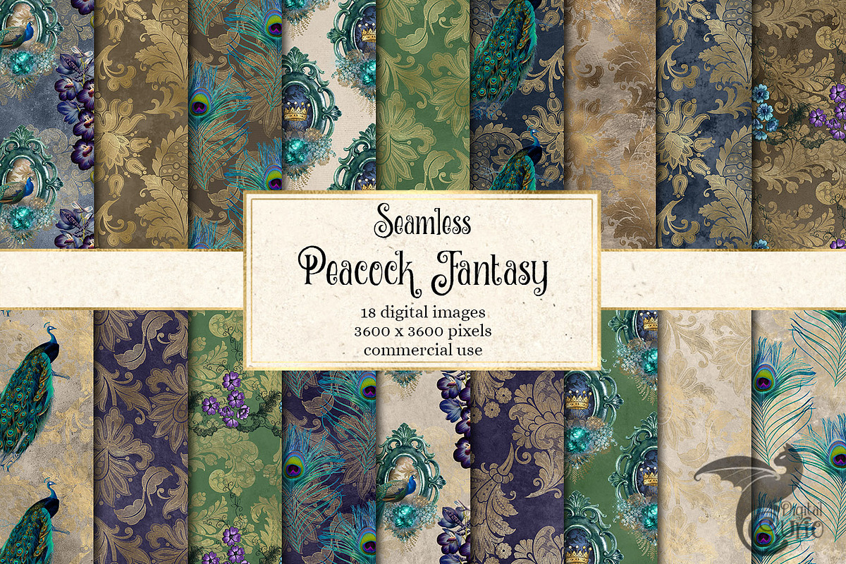Peacock Fantasy Digital Paper in Patterns - product preview 8