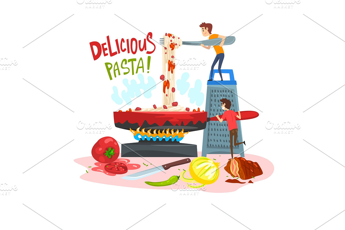Delicious pasta, little people in Illustrations - product preview 8