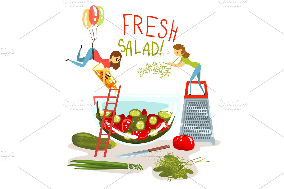 Fresh salad, little women cooking in Illustrations - product preview 8