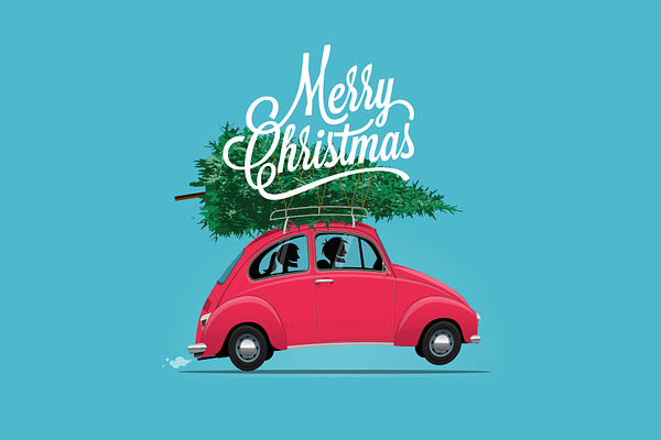 Couple in red car. Merry Christmas.