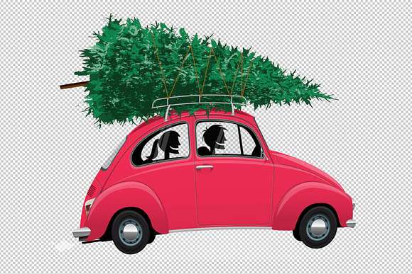 Couple in red car. Merry Christmas. in Illustrations - product preview 1