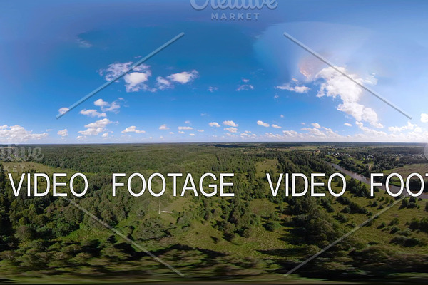 VR360 Flight over the green forest.