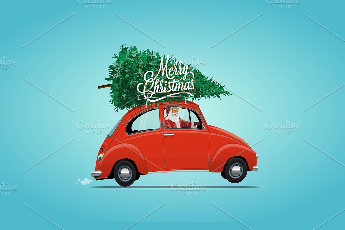 Santa in small red car in Illustrations - product preview 8