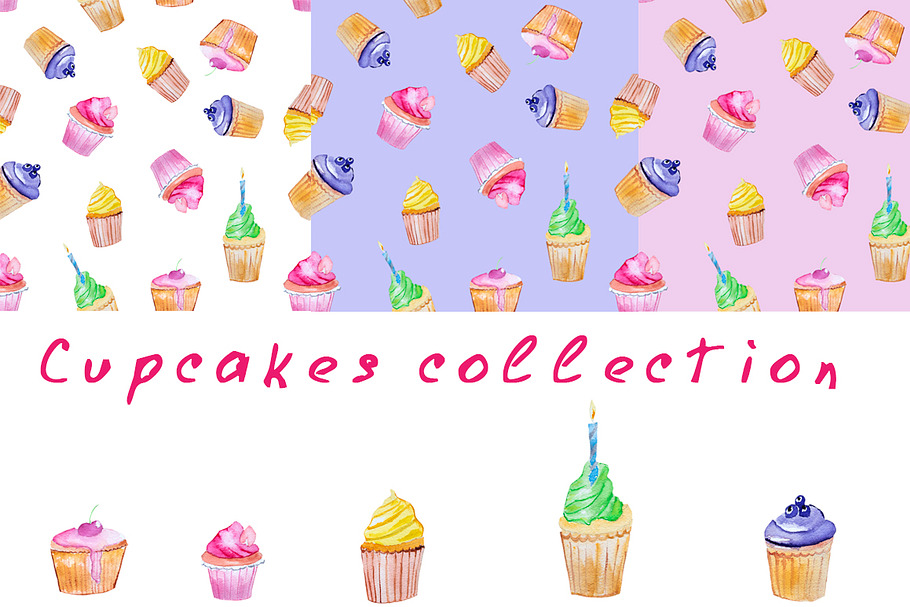 Hand drawn watercolors cupcakes in Illustrations - product preview 8