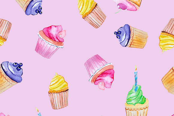 Hand drawn watercolors cupcakes in Illustrations - product preview 3