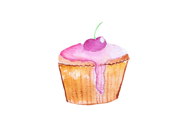 Hand drawn watercolors cupcakes in Illustrations - product preview 6
