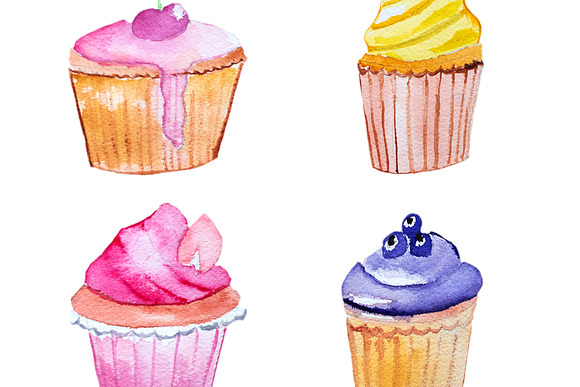 Hand drawn watercolors cupcakes in Illustrations - product preview 10