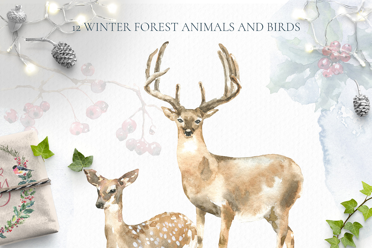 Merry Christmas Watercolor Deer in Illustrations - product preview 8