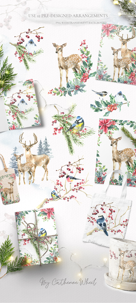 Merry Christmas Watercolor Deer in Illustrations - product preview 6