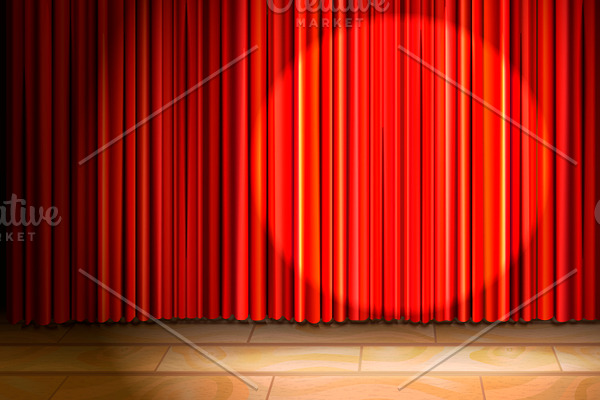 Theatr wooden stage with red curtain