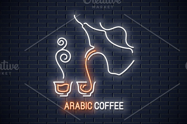 Arabic coffee neon sign background.