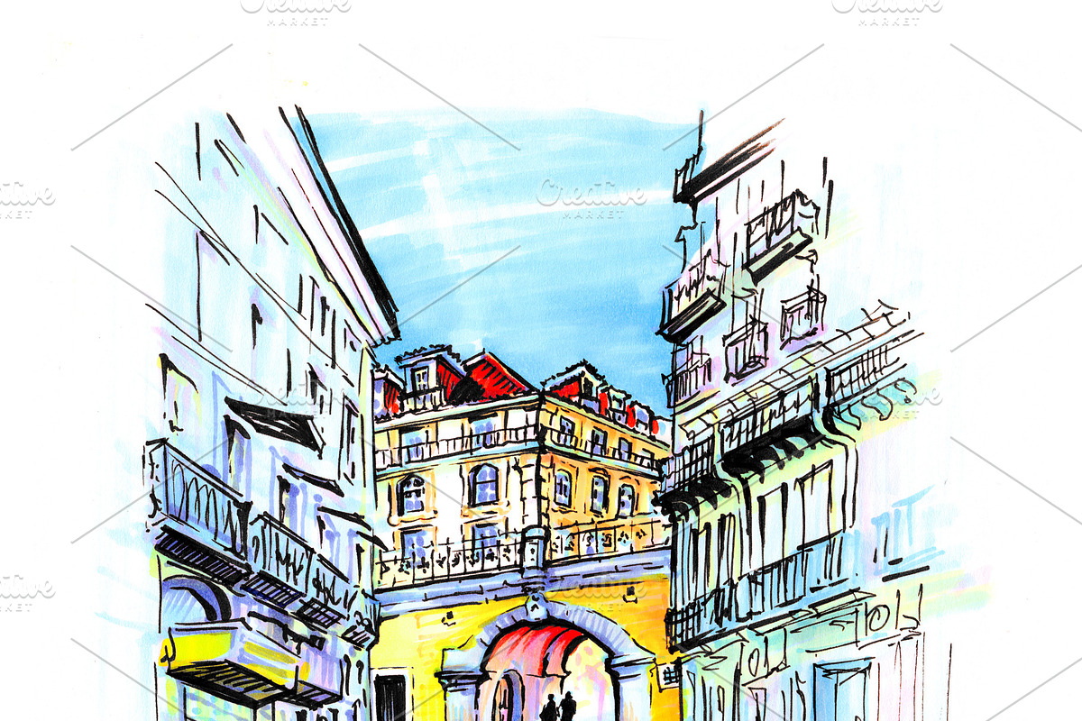 Pink street in Lisbon, Portugal in Illustrations - product preview 8