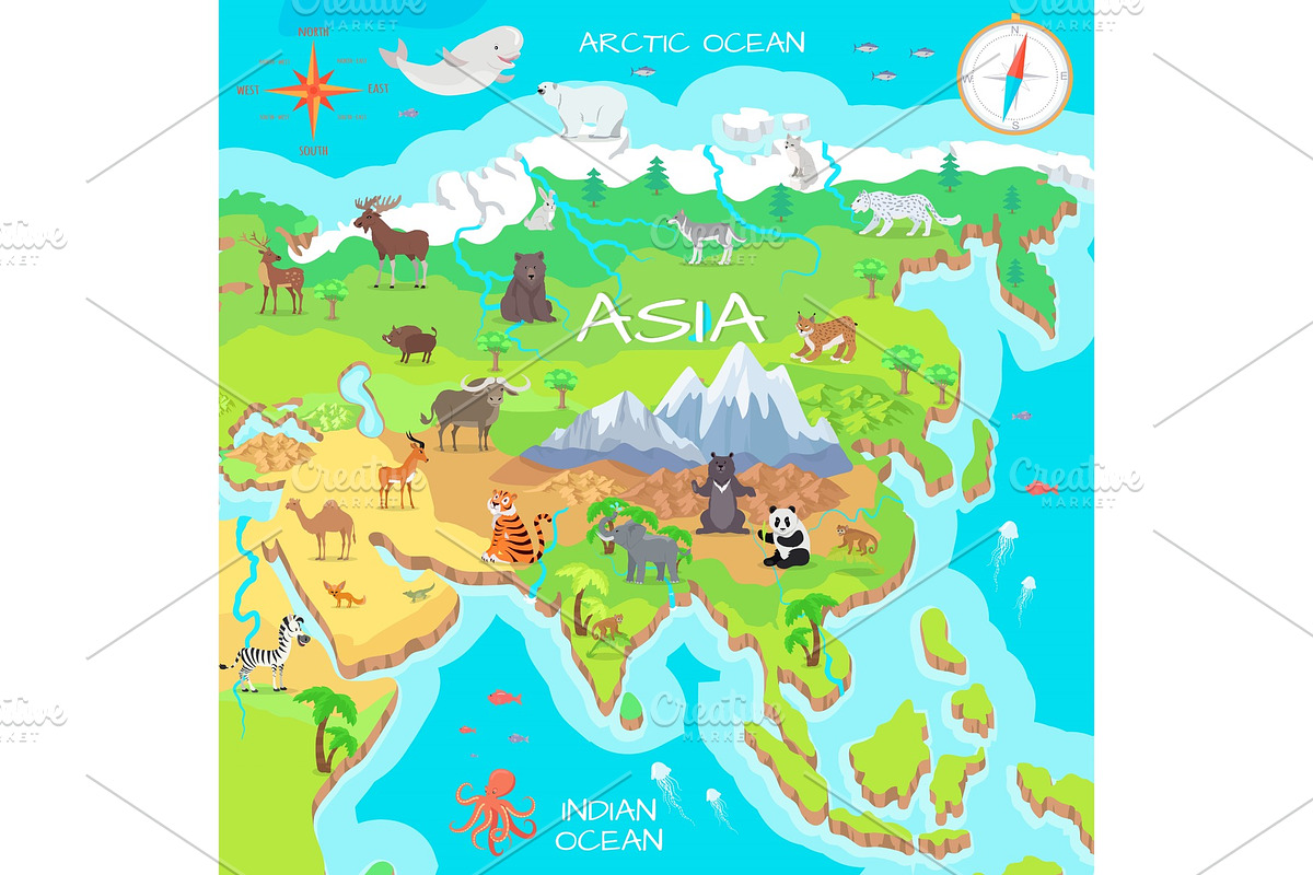 Asia Mainland Cartoon Map with Fauna in Illustrations - product preview 8