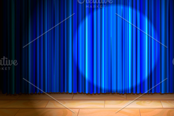 Wooden stage with blue curtain