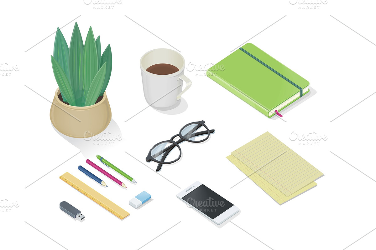 Top view of desk with personal in Illustrations - product preview 8