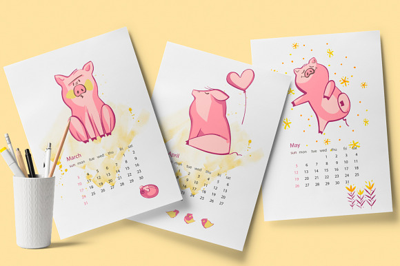 2019 Calendar with Pig in Illustrations - product preview 6
