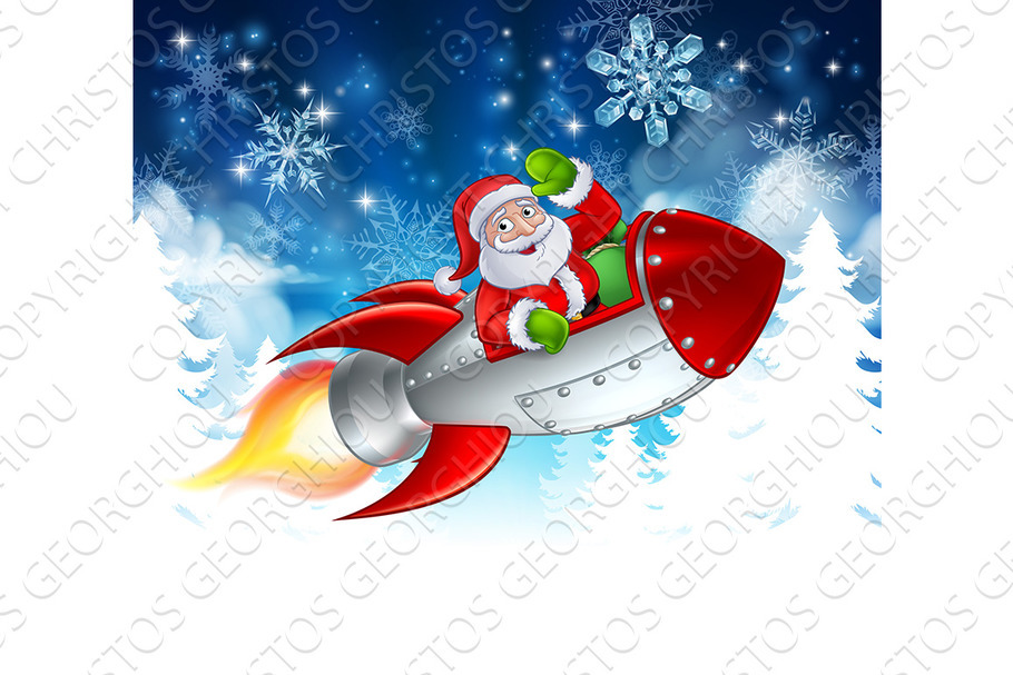 Santa in Rocket Christmas Cartoon