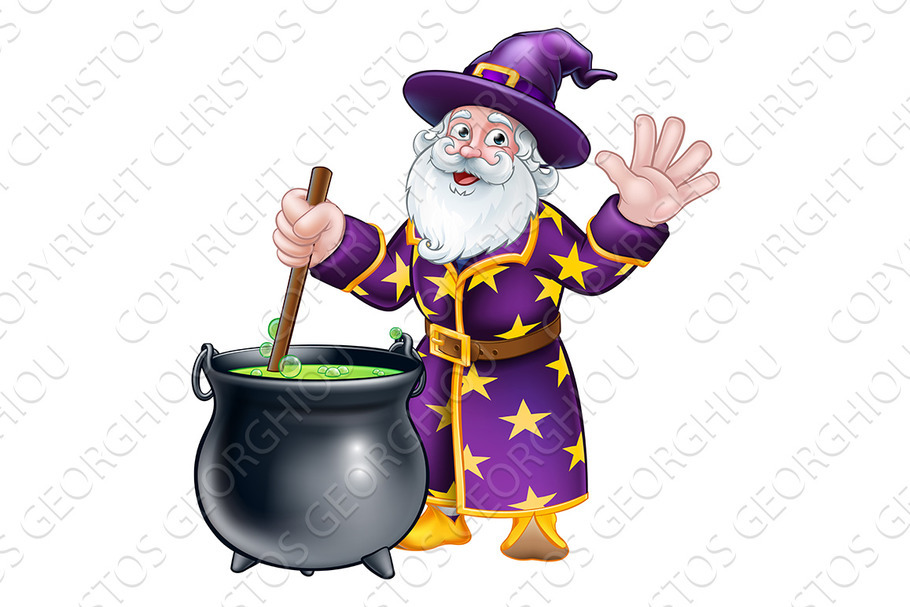 Wizard and Cauldron Cartoon