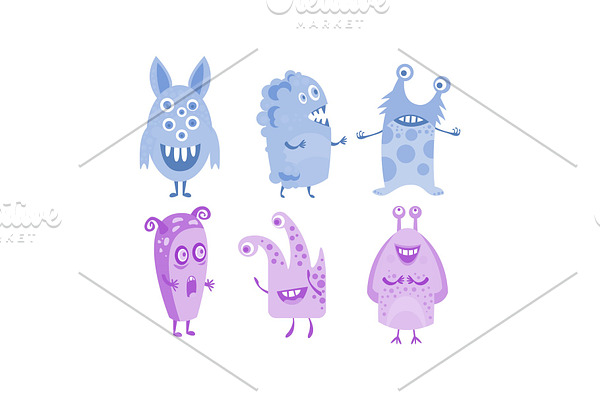 Cute monsters set, blue and purple