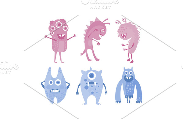 Colection of cute monsters, blue