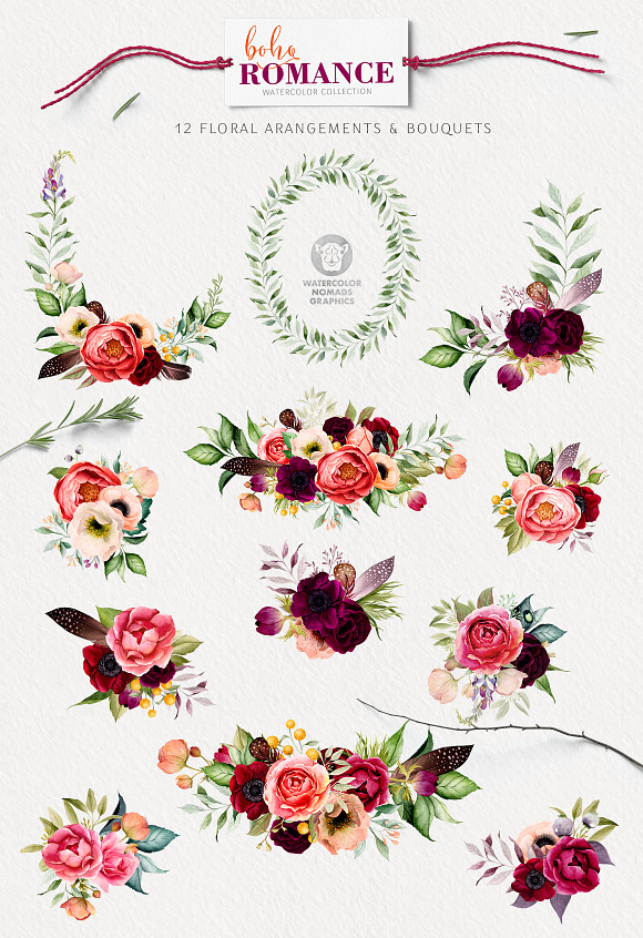 Boho Watercolor Flowers Collection in Illustrations - product preview 5