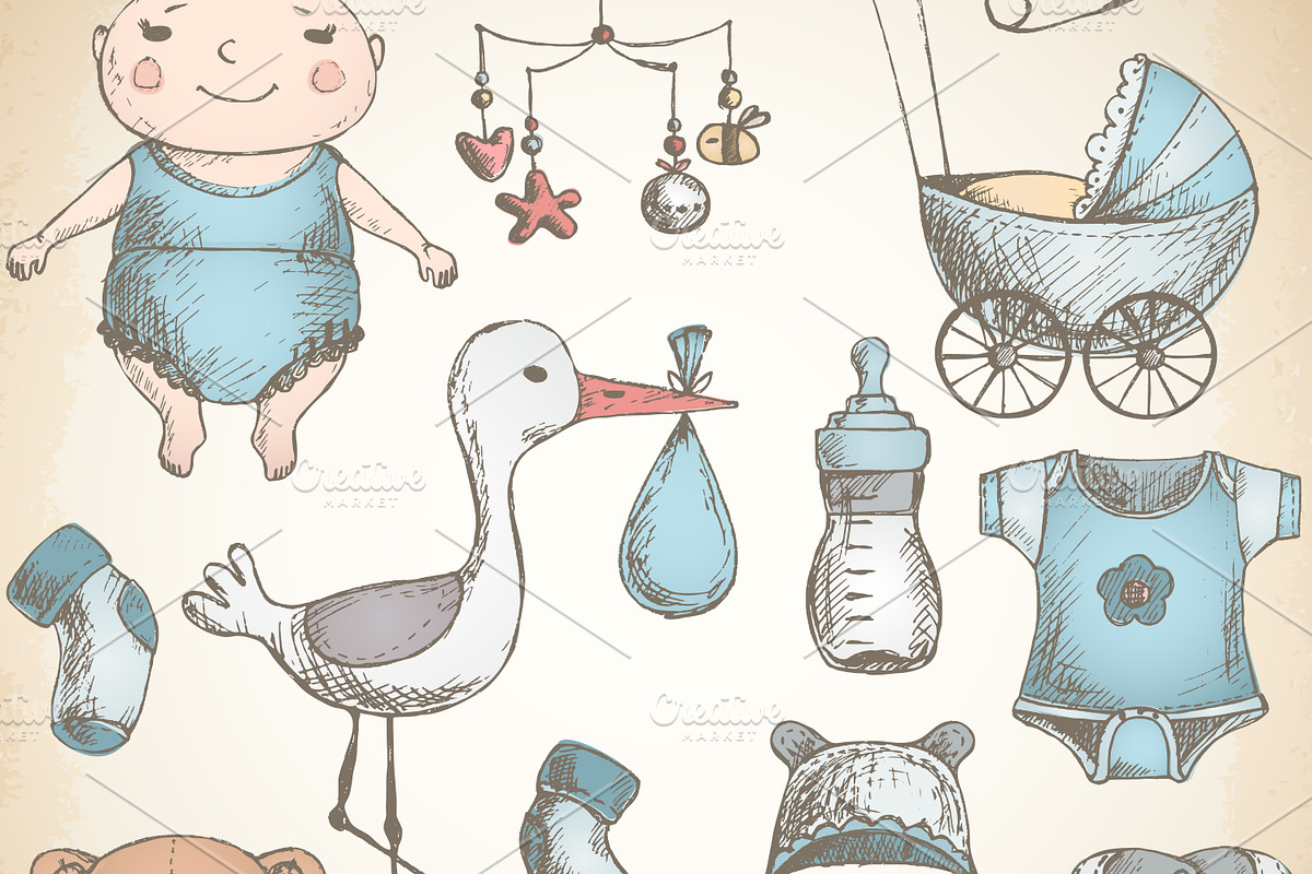 Baby shower. Hand drawn sketches. in Illustrations - product preview 8
