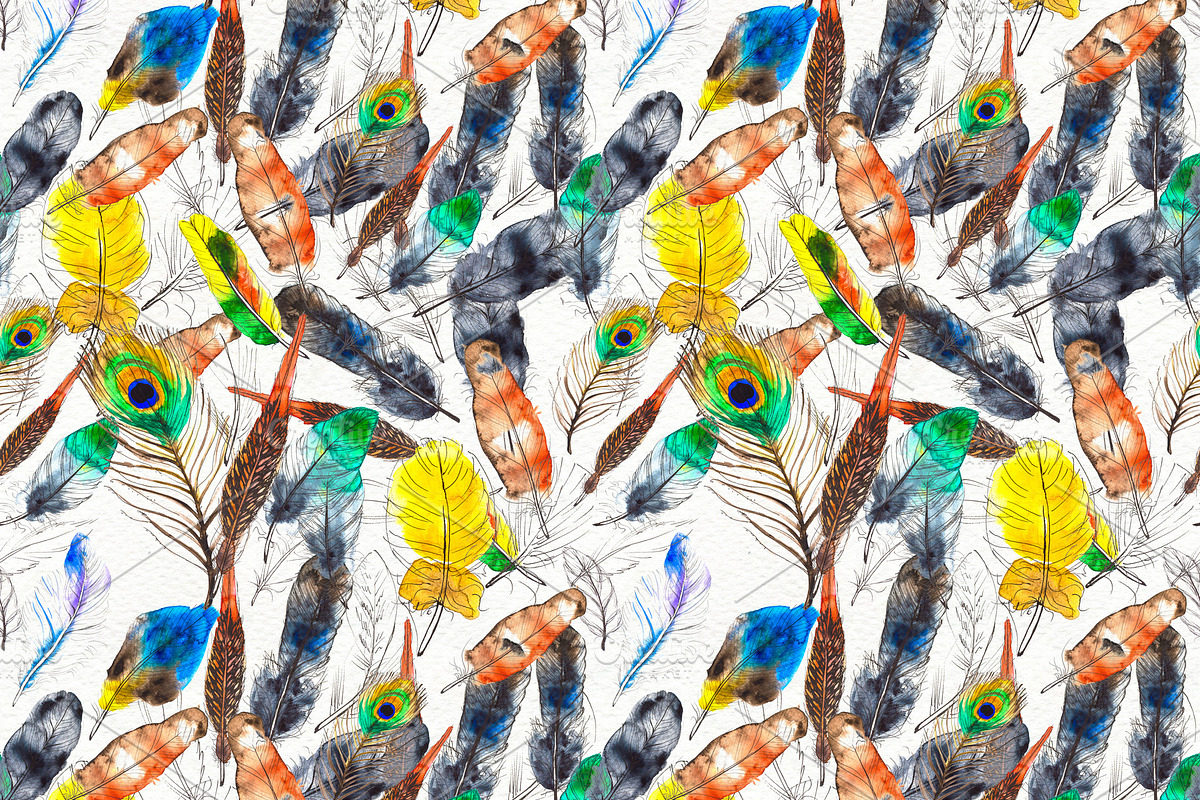 Watercolor feathers seamless pattern in Illustrations - product preview 8