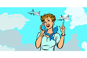 woman stewardess with phone, sky and