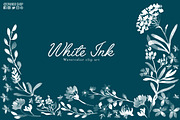 White ink watercolor flowers clipart