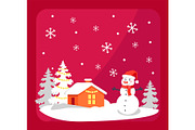 Smiling Snowman and House Vector