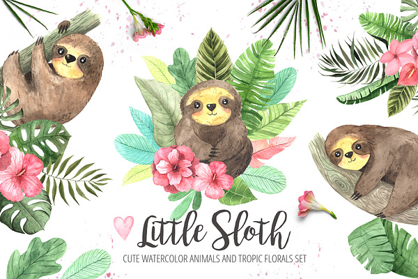 Watercolor Sloth and Tropic Florals