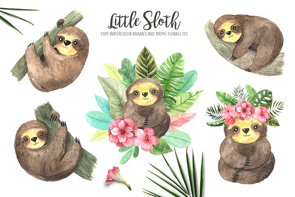 Watercolor Sloth and Tropic Florals in Illustrations - product preview 1